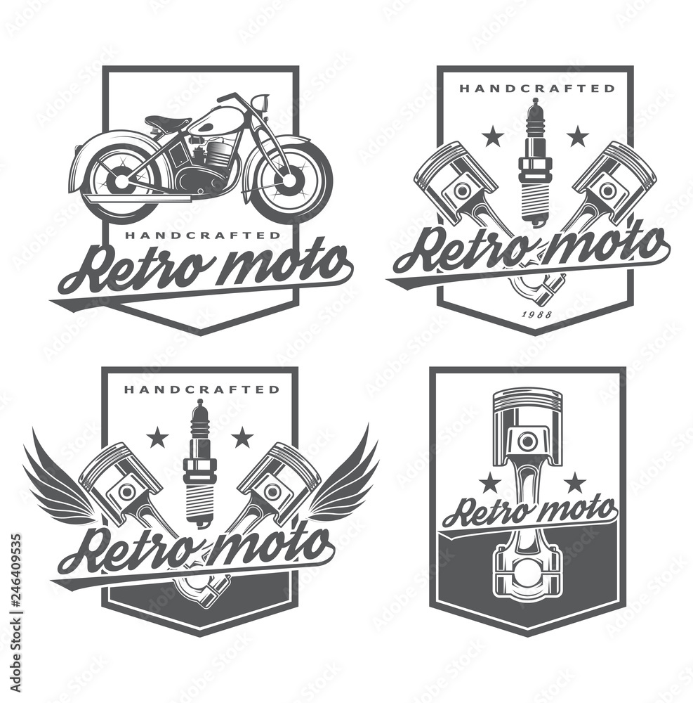 logo repair and restoration of vintage equipment. Garage Classics. Stylish logo for car repairs. Icon for parts online store. Set emblem with piston and motorcycle, raster copy, illustration