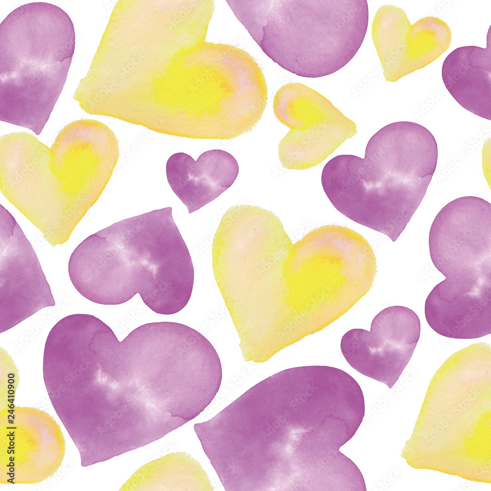 seamless watercolor pattern, purple hearts, hand-drawn, isolated on white background