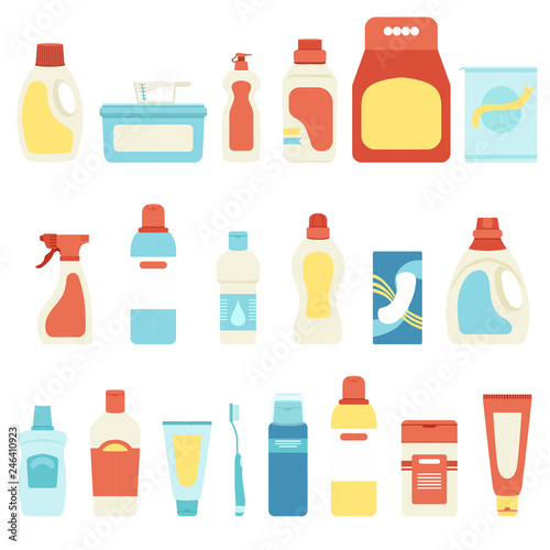 set of household chemicals and cosmetics, objeсts on white background, vector illustration, bottles and tubes