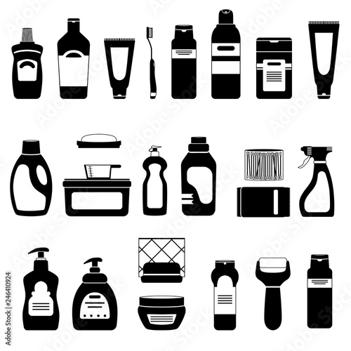 set of household chemicals and cosmetics, silhouettes on white background, vector illustration, bottles and tubes