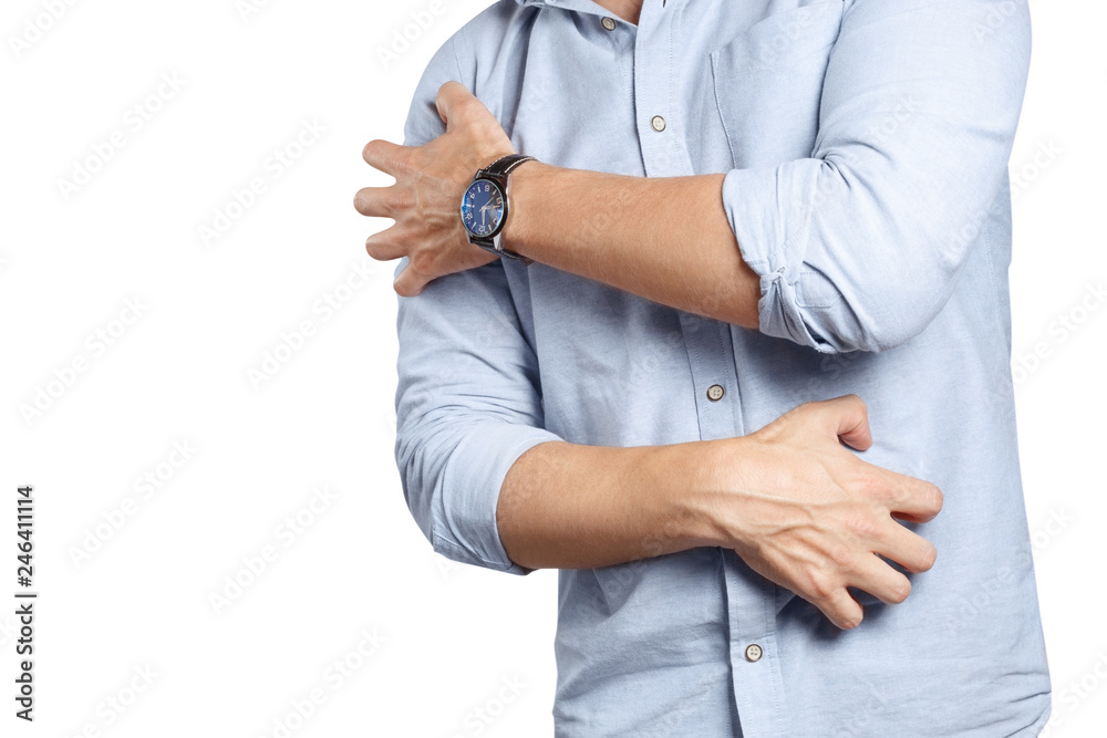 Man scratching himself, isolated on white background