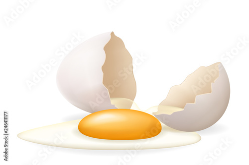 White yolk broken egg cracked open easter eggshell design 3d realistic icon isolated vector illustration