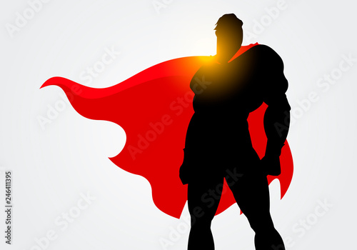 Vector Illustration Silhouette of a Superhero with red cape posing  photo