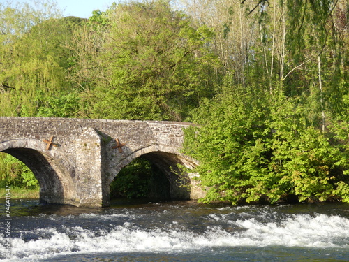 A Medieval stone bridge crossing the River Exe in Bickleigh village, Devon, England, UK