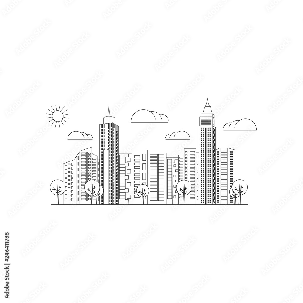 Silhouette of city buildings isolated on white background