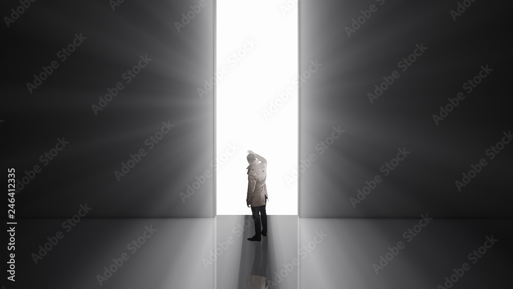 Lonely man standing in front of the huge gate Lonely man standing in front of the huge gate