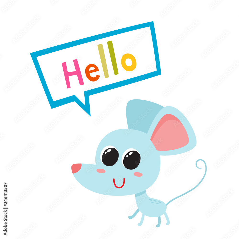 Vector illustration of cartoon blue funny mouse isolated on white background.