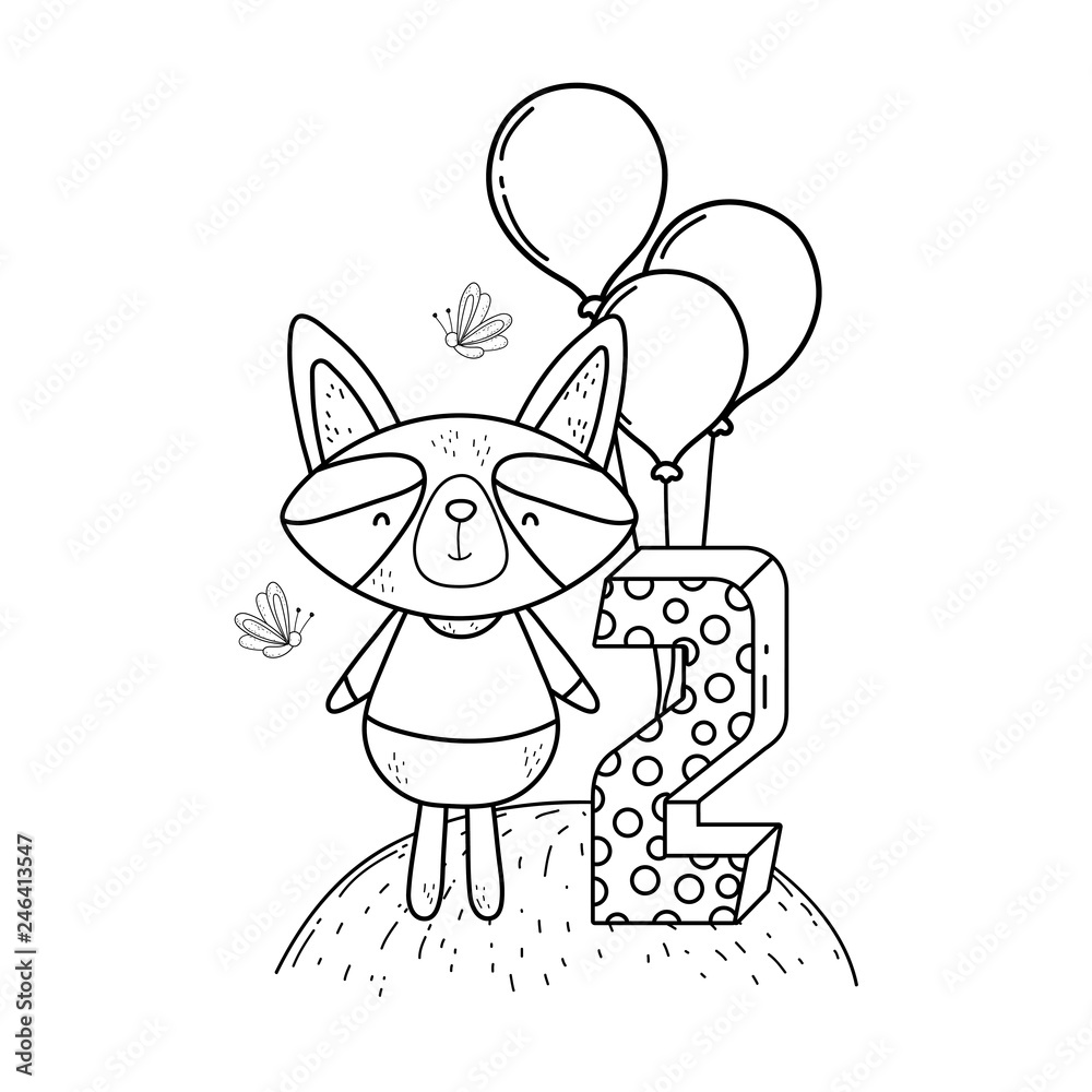 Fototapeta cute and little raccoon with balloons helium