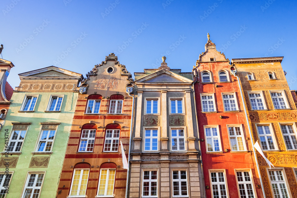 Colorful facades on the central market square in Gdansk, Poland