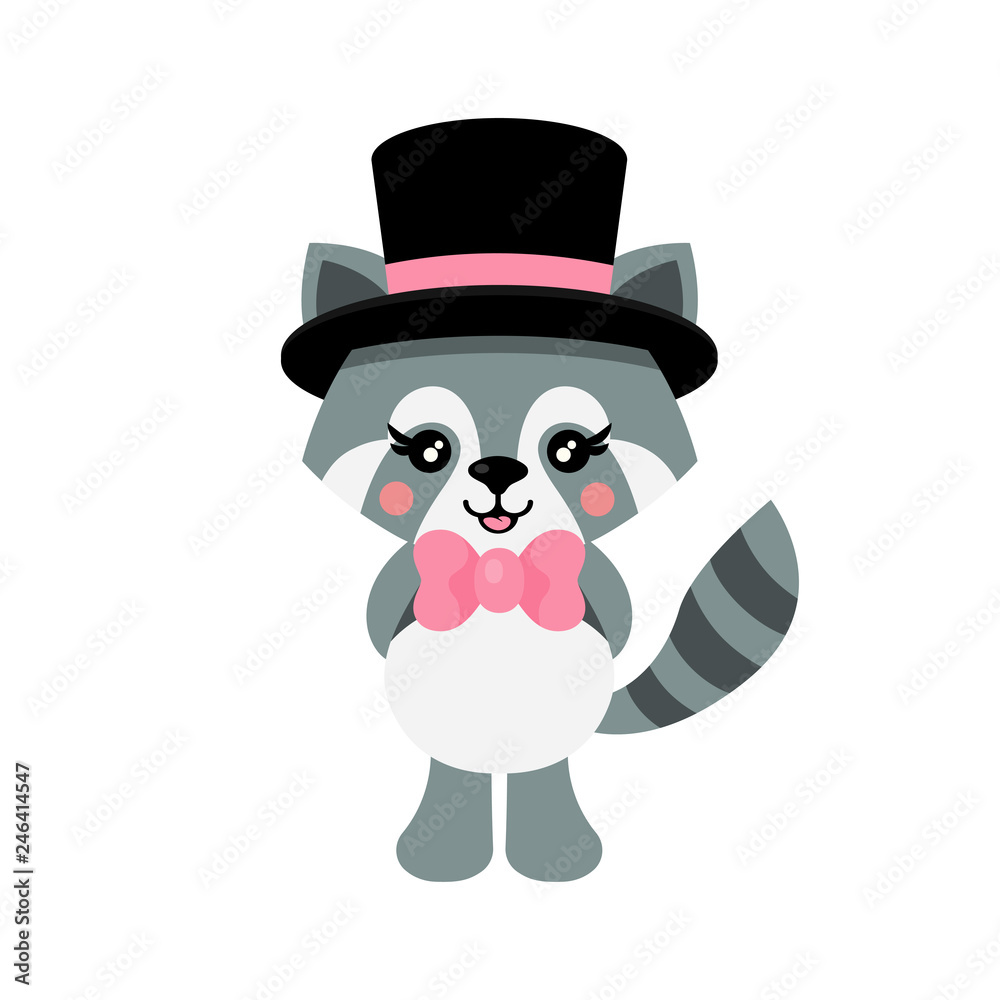 cartoon cute raccoon with hat and tie