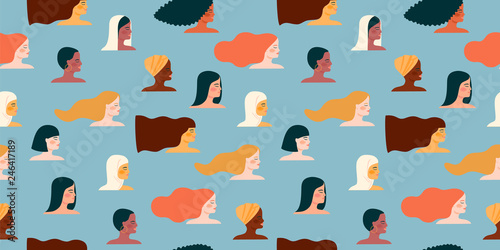 International Womens Day. Vector seamless pattern with with women different nationalities and cultures.