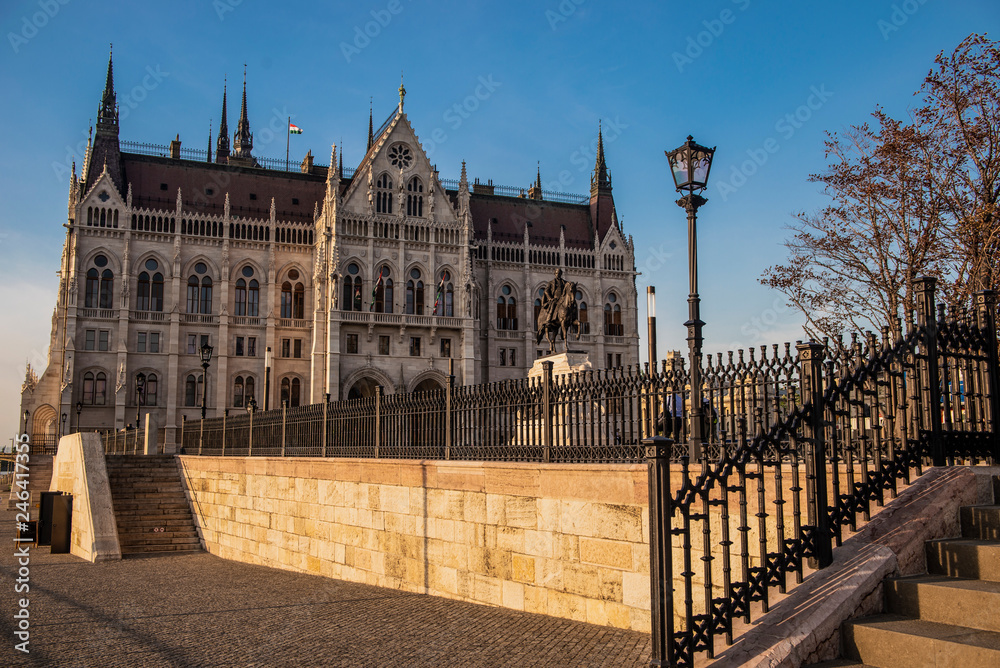 Budapest is the capital of Hungary.Beautiful big old town.The magnificent city is rich in history.The photo is made on a sunny day.City landscape with a wide large river.Beautiful buildings.Landscape.