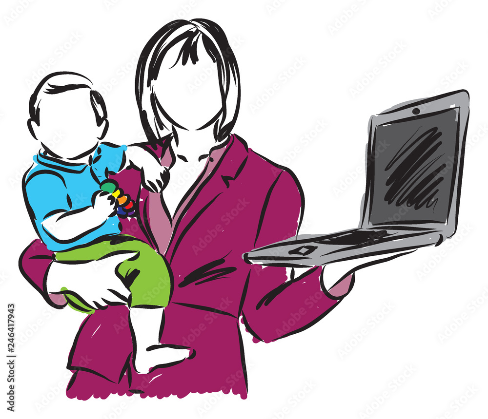 mom mother work in home with a baby illustration