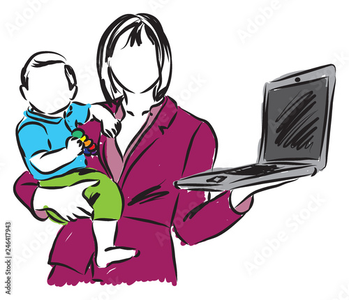 mom mother work in home with a baby illustration