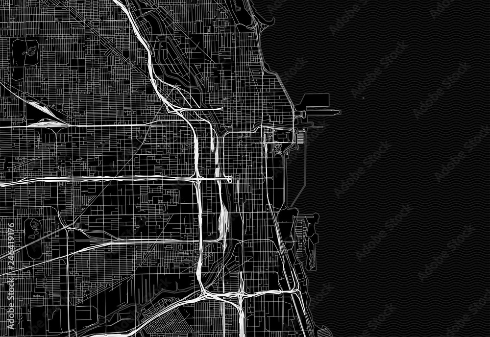 Naklejka premium Czarna mapa centrum Chicago, USA