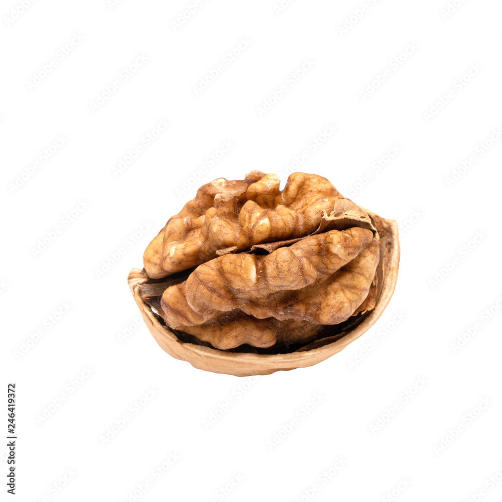 Cracked walnut on white background. Top views of kernel halves. Seeds of the common walnut tree Juglans regia, used as snack and for baking. Cracked walnut on white background. Top views of kernel halves. Seeds of the common walnut tree Juglans regia, used as snack and for baking.