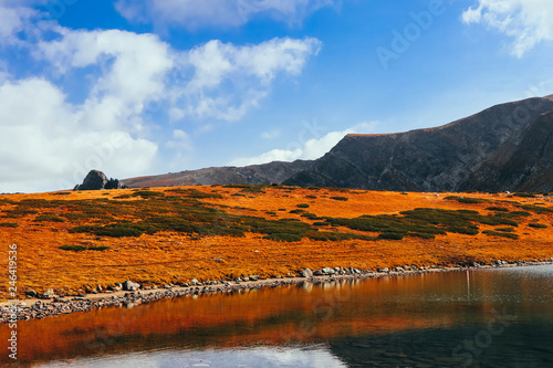 Autumn yellow alpine landscape, clean water in the alpine lake. Rocky mountains, colorful fall season.