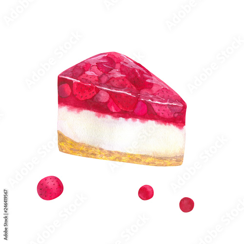 Cheesecake strawberry with jelly and berries. Hand drawn watercolor illustration. Isolated on white background. photo