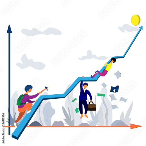 Lifting people along the success curve, ups and downs. Success chart and people. Illustration on a business theme.