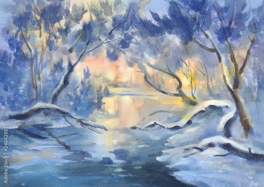sunny winter landscape with a river watercolor