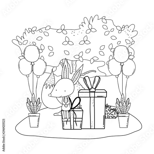 cute and little fox with balloons helium in the landscape