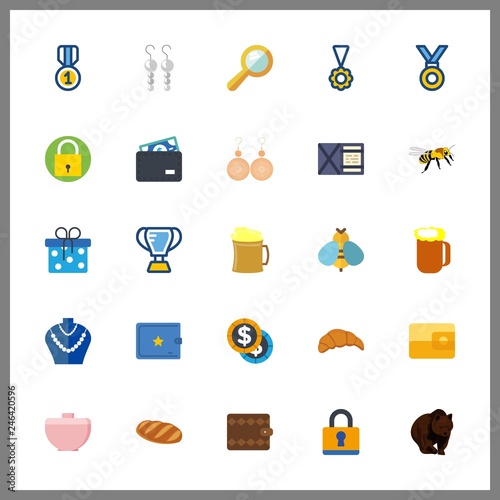 25 gold icon. Vector illustration gold set. beer and hand mirror icons for gold works