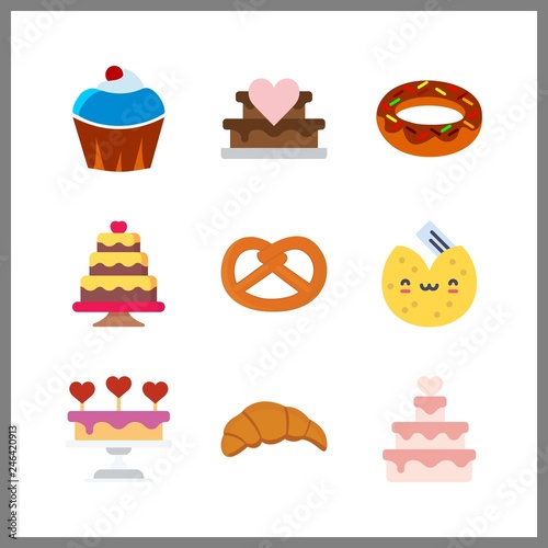 9 bakery icon. Vector illustration bakery set. fortune cookie and cupcake icons for bakery works