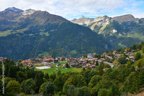 Mountain scenery with Wengen village in Switzerland.