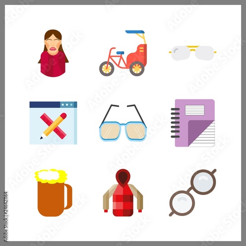 9 hipster icon. Vector illustration hipster set. bike and student girl icons for hipster works