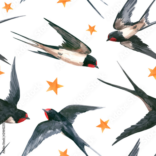 Watercolor swallow vector pattern