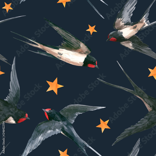 Watercolor swallow vector pattern