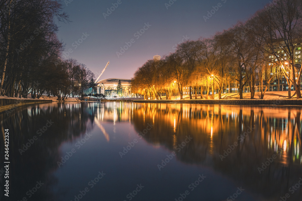 Night view of the river and Dynamo Stadium in Minsk - European Games 2019