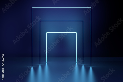 Glowing square frames, neon lights, abstract psychedelic background, ultraviolet, laser show. 3D Rendering
