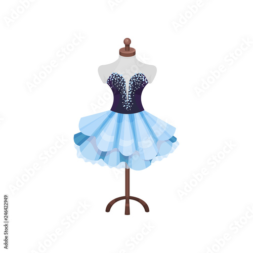 Beautiful dress on mannequin. Costume of theater actress on dummy. Item of dressing room. Flat vector design