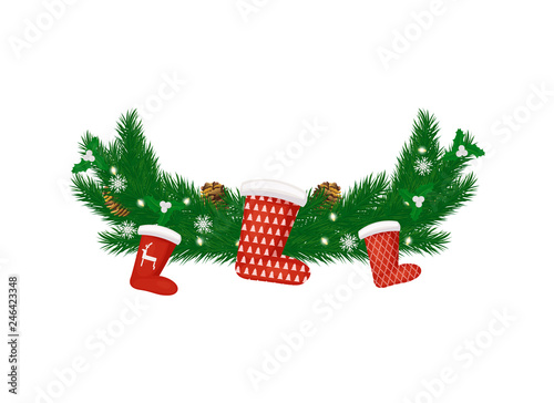 New Year decoration with spruce branches, Santa red stockings, snowflakes, white viscum berries and pine cones. Vector isolated Christmas decor element
