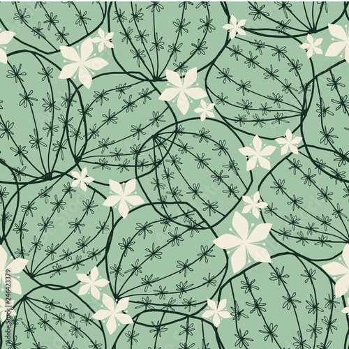 Round blooming cactus hand drawn line art doodle style seamless pattern in dark on soft green and white color. Vector.
