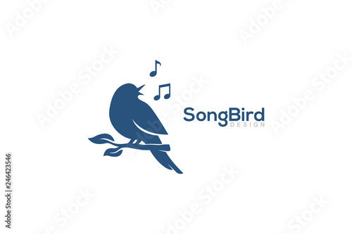 Bird Singing On The Tree Beautiful Melody with Music Notes Concept Logo Design Vector