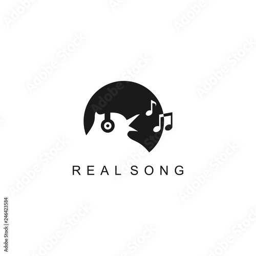 Circle Silhouette Bird using Headphone Singing with Beautiful Melody Animal Song Vector Logo