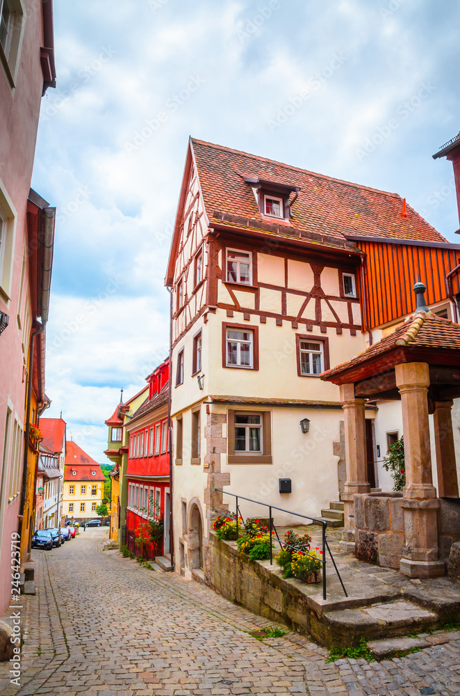Fototapeta premium Beautiful streets in Rothenburg ob der Tauber with traditional German houses, Bavaria, Germany