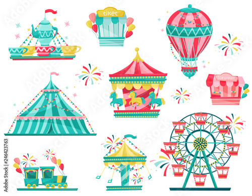 Flat vector set of amusement park equipment. Carnival carousels, ticket booth and ice-cream stall. Entertainment theme