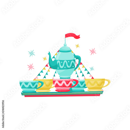 Carousel with large tea kettle and cups. Amusement park equipment. Entertainment theme. Flat vector design