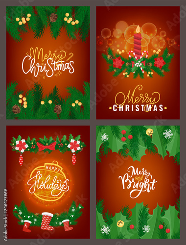 Merry Christmas poster with pine tree branches vector. Mistletoe leaves and berries, star and bells, baubles decoration for winter holidays, candle