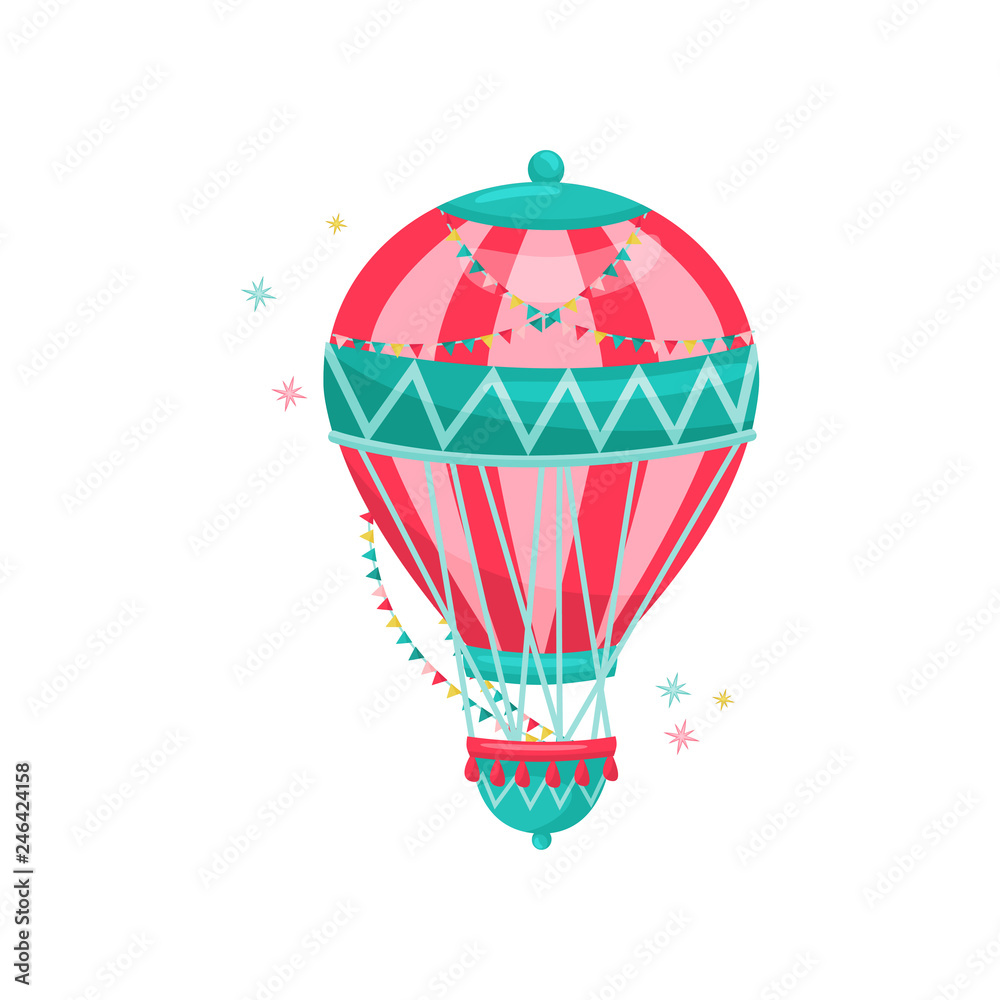Obraz premium Flying hot air balloon decorated with colorful bunting flags. Amusement park. Entertainment theme. Flat vector icon
