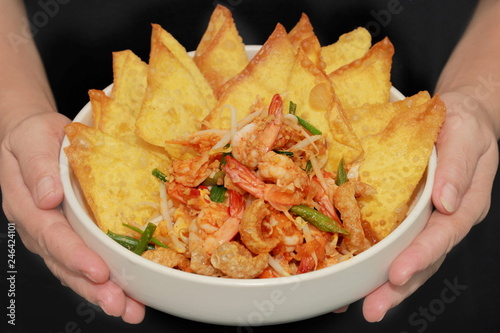 Pad Thai with prawn and crisy wonton ,bean sprouts . photo