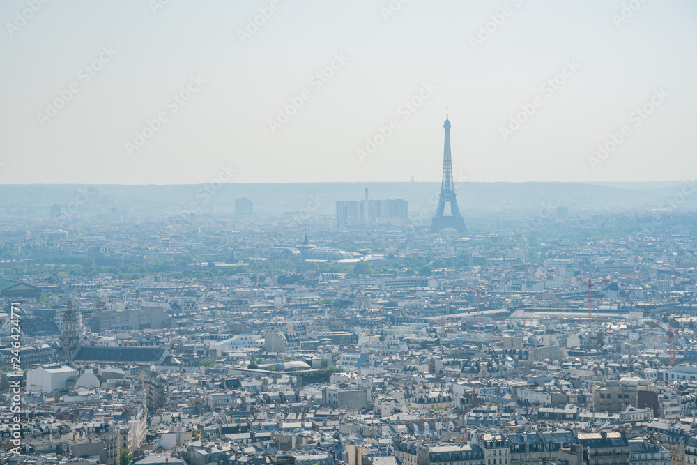 Afternoon aerial view of cityscape with Eiffel Tower from Basilica of the Sacred Heart of Paris