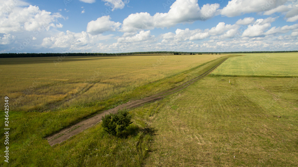 Aerial view of a two-lane freeway road through the countryside and cultivated fields in the summer sunset. Irkutsk region. Tulun