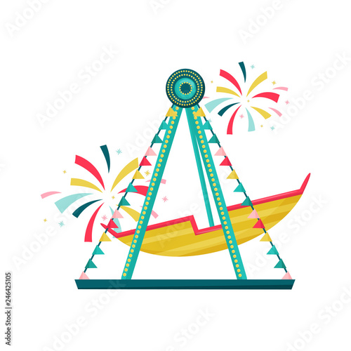 Swinging boat ride at amusement park. Colorful bunting flags and salutes. Entertainment theme. Flat vector icon