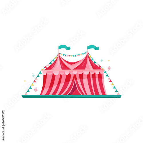 Small red-pink circus tent decorated with bunting flags. Amusement park element. Entertainment theme. Flat vector icon