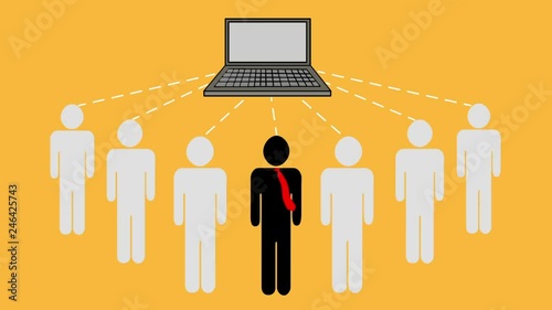 Group of business people send and receive information from a laptop. Teamwork connecting to a server and sharing data. photo