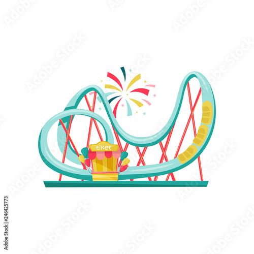 Roller coaster and small ticket booth. Extreme funfair attraction. Equipment of amusement park. Flat vector design